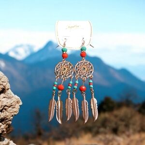 Long Feather Dream Catcher Hook Earrings